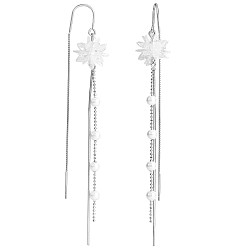 Platinum Crystal Rhinestone Flower with Shell Pearl Beaded Tassel Dangle Earrings, Rhodium Plated 925 Sterling Silver Long Drop Ear Thread for Women, Platinum, 95.5x13.5mm, Pin: 0.8mm