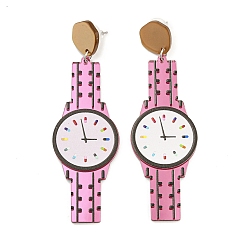 Perlas de Color Rosa Aretes colgantes con forma de reloj de acrílico brillante con 304 pasadores de acero inoxidable, rosa perla, 86x26.5 mm