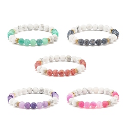 Mixed Color 5Pcs 5 Color Natural Weathered Agate(Dyed) & Howlite Round Beaded Stretch Bracelets Set, Gemstone Jewelry for Women, Mixed Color, Inner Diameter: 2-1/4 inch(5.6cm), 1Pc/color