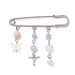 Platinum Natural Mixed Gemstone & Butterfly Charms Safety Pin Brooch, Alloy Lapel Pin for Sweater Clasp Pants Waist Extender, Platinum, 67x76x5mm