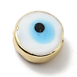 White Handmade Evil Eye Lampwork Beads, with Brass Findings, Flat Round, White, 11.5x6mm, Hole: 1.6mm