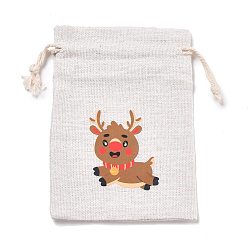 Deer Christmas Cotton Cloth Storage Pouches, Rectangle Drawstring Bags, for Candy Gift Bags, Deer Pattern, 13.8x10x0.1cm