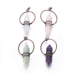 Mixed Stone Natural & Synthetic Mixed Stone Wire Wrapped Pointed Big Pendants, Double Terminated Pointed, with Brass Findings, Bullet, Red Copper, 53~55x30~32x11.5mm, Hole: 7.5x4mm