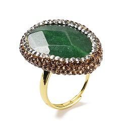 Dark Sea Green Natural Dyed Jade Teardrop Adjustable Ring with Rhinestone, Gold Plated Brass Jewelry for Women, Dark Sea Green, Inner Diameter: 17~17.5mm
