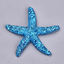 Dodger Blue Resin Cabochons, with Glitter Powder, Starfish/Sea Stars, Dodger Blue, 38x41x7mm