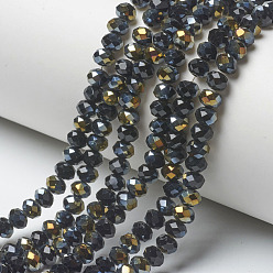 Black Electroplate Transparent Glass Beads Strands, Half Rainbow Plated, Faceted, Rondelle, Black, 6x5mm, Hole: 1mm, about 85~88pcs/strand, 16.1~16.5 inch(41~42cm)