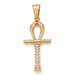 Oro 304 de acero inoxidable colgantes grandes, con diamantes de imitación de cristal, cruz ankh, dorado, 50x25x4 mm, agujero: 6.5x12 mm