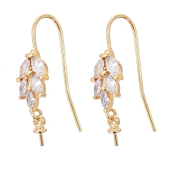 Real 18K Gold Plated Brass Micro Pave Cubic Zirconia Earring Hooks, for Half Drilled Beads, Long-Lasting Plated, Leaf, Clear, Real 18K Gold Plated, 24mm, 21 Gauge, Pin: 0.7mm