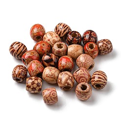 Couleur Mélangete 100pcs perles teintes en bois imprimées, Perles avec un grand trou   , baril, couleur mixte, 17.5~18x17mm, Trou: 6.5~7mm, 100 pcs /sachet 