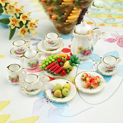 Flower Mini Ceramic Tea Sets, including Teacup, Saucer, Teapot, Cream Pitcher, Sugar Bowl, Miniature Ornaments, Micro Landscape Garden Dollhouse Accessories, Pretending Prop Decorations, Rose Pattern, 15pcs/set