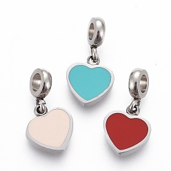 Mixed Color 304 Stainless Steel Enamel Charms, Heart, Stainless Steel Color, Mixed Color, 13.2mm, Charm: 8.6x6.5x1.8mm, Hole: 2.5mm