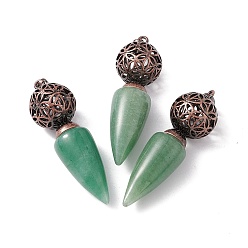 Green Aventurine Natural Green Aventurine Big Pendants, Cone Charms with Rack Plating Brass Hollow Ball, Red Copper, Cadmium Free & Lead Free, 57~58x17.5~18mm, Hole: 8x5mm