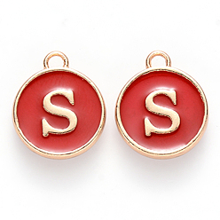 Letter S Golden Plated Enamel Alloy Charms, Enamelled Sequins, Flat Round, Red, Letter.S, 14x12x2mm, Hole: 1.5mm, 100pcs/Box