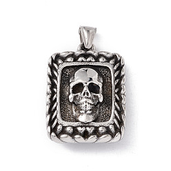 Antique Silver 304 Stainless Steel Manual Polishing Pendants, Rectangle with Skull, Antique Silver, 42x30x13mm, Hole: 4.5x9mm