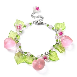 Peach Glass & Resin & Acrylic Flower Charm Bracelet, 304 Stainless Steel Jewelry, Peach, 7-1/4 inch(18.5cm)