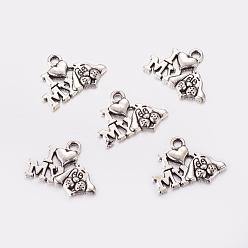 Antique Silver Tibetan Style Alloy Puppy Pendants, Word I Love My Dog with Dog Head, Antique Silver, Lead Free and Cadmium Free, 14x18x2mm, Hole: 2mm