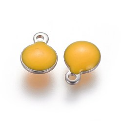 Orange 304 Stainless Steel Enamel Charms, Enamelled Sequins, Flat Round, Stainless Steel Color, Orange, 13.5x10x3.5~4mm, Hole: 1.4mm
