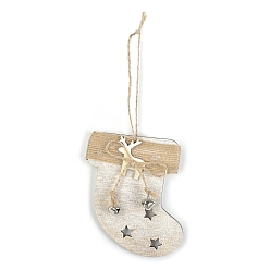 Christmas Socking Décorations pendentif en bois avec cloche, ornement suspendu de sapin de noël en corde de chanvre, chaussette de noël, 100x90x10mm