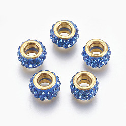Dodger Blue Handmade Polymer Clay European Beads, Large Hole Beads, with Brass Core, Flat Round, Golden, Dodger Blue, 11.5x7mm, Hole: 5mm