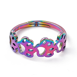 Rainbow Color Ion Plating(IP) 201 Stainless Steel Hollow Out Dog Paw Prints Adjustable Ring for Women, Rainbow Color, US Size 6 1/4(16.7mm)