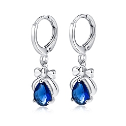 Dark Blue Platinum Tone Stainless Steel Dangle Earrings, with Cubic Zirconia, Dark Blue, 26x9mm
