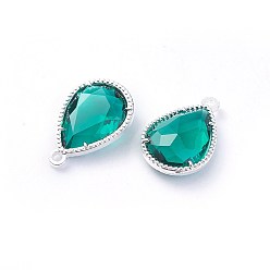Teal Glass Pendants, with Eco-Friendly Alloy Open Back Berzel Findings, Faceted, teardrop, Silver Color Plated, Teal, 18x12x5mm, Hole: 1.4mm
