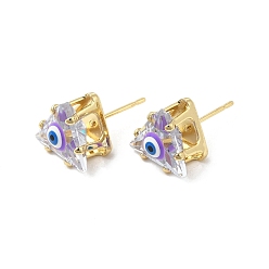 Dark Orchid Triangle Glass with Enamel Evil Eye Stud Earrings, Real 18K Gold Plated Brass Jewelry for Women, Dark Orchid, 10.5x10.5mm, Pin: 0.7mm