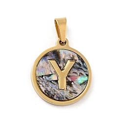 Letter Y Vacuum Plating 304 Stainless Steel with Paua Shell Pendants, Golden, Flat Round with Letter Charm, Letter.Y, 18x16x1.5mm, Hole: 3x6mm