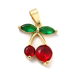 Real 18K Gold Plated Brass Cubic Zirconia Pendants, with Glass Rhinestone, Cherry Charm, Real 18K Gold Plated, 16x14x3.5mm, Hole: 4.5x2.5mm