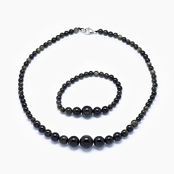 Obsidiana Cuentas de obsidiana natural, collares y pulseras. Conjuntos de joyas., cierre de pinza de langosta latón, 17.5 pulgada (44.5 cm), 2 pulgada (5 cm)