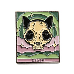 Skull Cat Theme Tarot Card Enamel Pins, Gunmetal Alloy Brooches for Backpack Clothes, Word Death, Cat Skull, 30.5x25.5x2mm