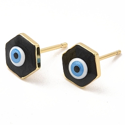 Noir Hexagone en émail avec clous d'oreilles mauvais œil, bijoux en laiton plaqué or véritable 18k pour femmes, noir, 8x9mm, pin: 0.8 mm