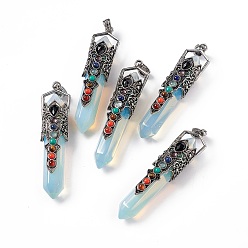 Opalite Opalite Big Pendants, 7 Chakra Faceted Bullet Charms, with Rack Plating Antique Silver Tone Alloy Crown Findings, Cadmium Free & Lead Free, 84x20x19.5mm, Hole: 8x5mm