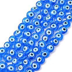 Dodger Azul Redondas plana mal de ojo hebras de perlas de murano, azul dodger, 15~16x8~9 mm, agujero: 2 mm, sobre 24 unidades / cadena, 13.7 pulgada
