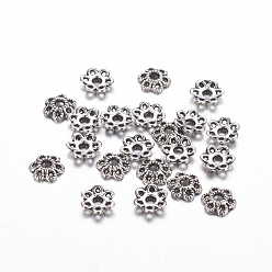 Antique Silver 6-Petal Tibetan Style Alloy Hollow Flower Bead Caps, Cadmium Free & Nickel Free & Lead Free, Antique Silver, 6x1.5mm, Hole: 2mm