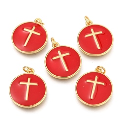 Red Brass Enamel Pendants, Long-Lasting Plated, Real 18K Gold Plated, with Jump Rings, Flat Round with cross, Red, 17.5x15x2mm, Hole: 2.5mm