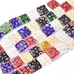 Mixed Color Square Handmade Millefiori Glass Beads, Mixed Color, 16x16x4mm, Hole: 1mm, about 24pcs/strand, 14.9 inch