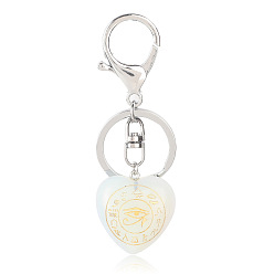 Opalite Porte-clés coeur en opalite avec oeil d'horus, Porte-clés en pierre d'énergie reiki, pour sac, bijoux, décoration cadeau, 9.5x3 cm