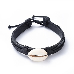 Black Adjustable Cowhide Leather Cord Braided Bracelets, with Cowrie Shell Beads and Nylon Thread Cord, Burlap Paking Pouches Drawstring Bags, Black, 2-1/8 inch~3-3/8 inch(5.3~8.5cm), 10.5mm