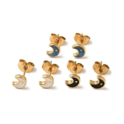 Mixed Color Enamel Crescent Moon with Star Stud Earrings with 316 Surgical Stainless Steel Pins, Gold Plated 304 Stainless Steel Jewelry for Women, Mixed Color, 6x5mm, Pin: 0.8mm
