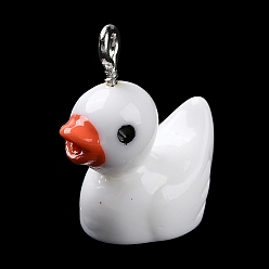 White Opaque Resin Cartoon Pendants, Duck Charms with Platinum Tone Iron Loops, White, 21.5x17x11.5mm, Hole: 2.3mm