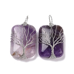 Amethyst Natural Amethyst Copper Wire Wrapped Pendants, Rectangle with Tree of Life Charms, Platinum, 46~49x25~27x10~12mm, Hole: 8x9mm