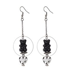 Black Acrylic Bear & Lampwork Heart Dangle Earrings, 304 Stainless Steel Long Drop Earrings, Black, 90x30.5mm