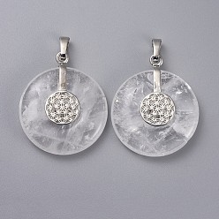 Quartz Crystal Natural Quartz Crystal Pendants, Rock Crystal Pendants, with Platinum Tone Brass Findings, Donut/Pi Disc with Flower, 35.5x30x8.5~9.5mm, Hole: 4.5x6.5mm