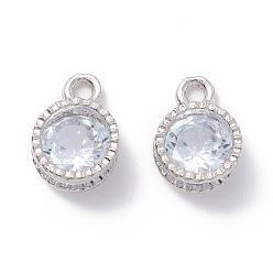 Platinum Alloy Clear Cubic Zirconia Charms, Long-Lasting Plated, Flat Round, Platinum, 11x8x5mm, Hole: 1.6mm