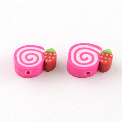 Deep Pink Handmade Cake Polymer Clay Beads, Deep Pink, 9~10x12~13x4mm, Hole: 1mm