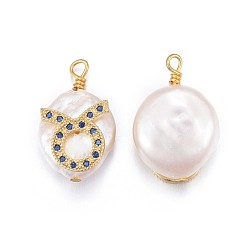 Taurus Natural Cultured Freshwater Pearl Pendants, with Brass Micro Pave Cubic Zirconia Findings, Nuggets with Constellation, Golden, Marine Blue, Taurus, 17~22x11~16x5~11mm, Hole: 1.6mm