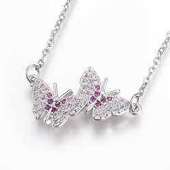 Stainless Steel Color 304 Stainless Steel Pendant Necklaces, with Cubic Zirconia, Butterfly, Clear, Stainless Steel Color, 18.5 inch(47.4cm), Pendant: 26x15.5x2.7mm