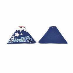Marine Blue Acrylic Pendants, 3D Printed, Volcano with Flower Pattern, Marine Blue, 24x37.5x2mm, Hole: 1.5mm