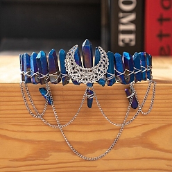 Blue Moon & Chain Metal Hair Bands, Natural Quartz Crystal Wrapped Hair Hoop for Women Girl, Blue, 150x130mm